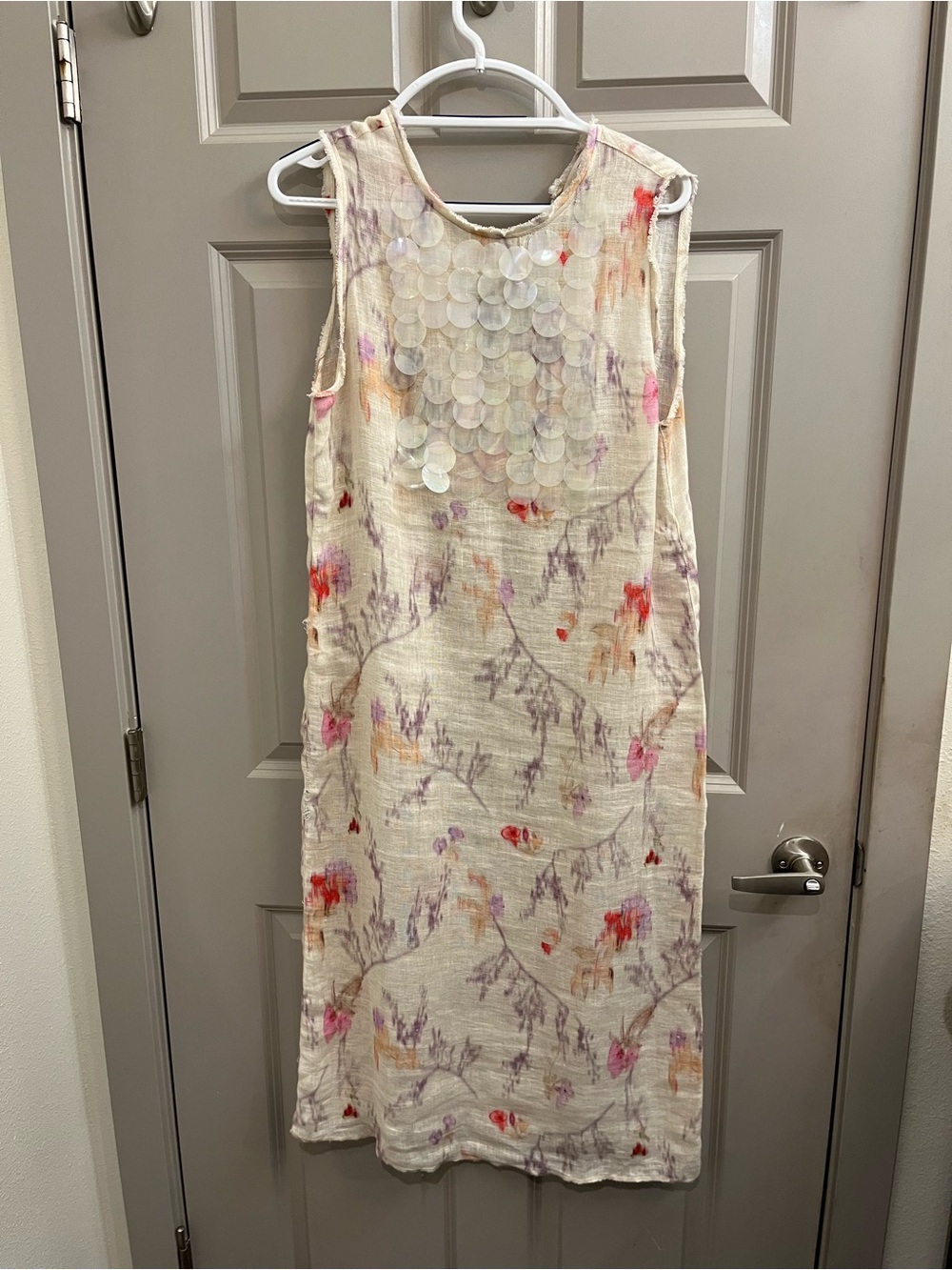 Italian TELA Linen Dress with Iridescent Discs and Watercolor Florals
